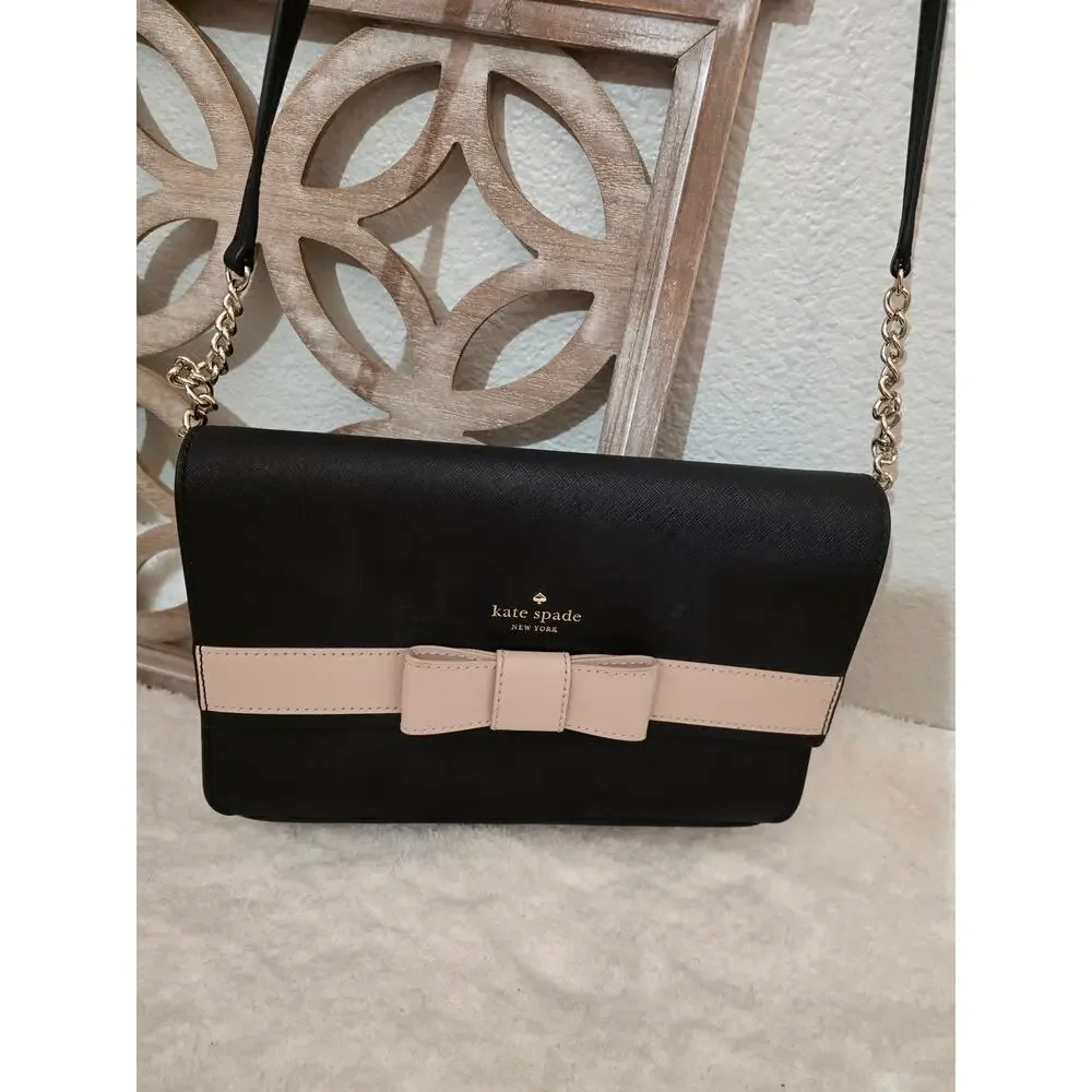 Kate Spade Kirk Park Leather Veronique Crossbody Black/ Taupe Bow (P6)